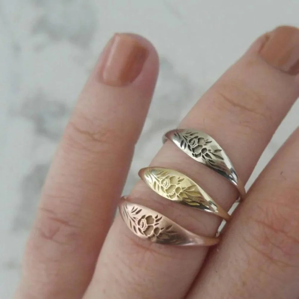 ▶14K Gold Plated Flower Carved Unique Fashion Vintage Ring for Women, L032 - Picture 4 of 6